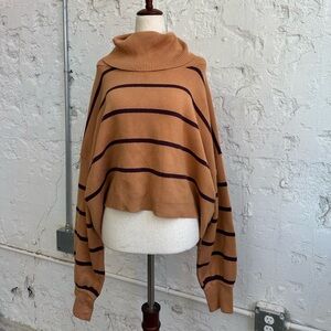 Free People Camel with Navy Stripe Cowl Neck Sweater